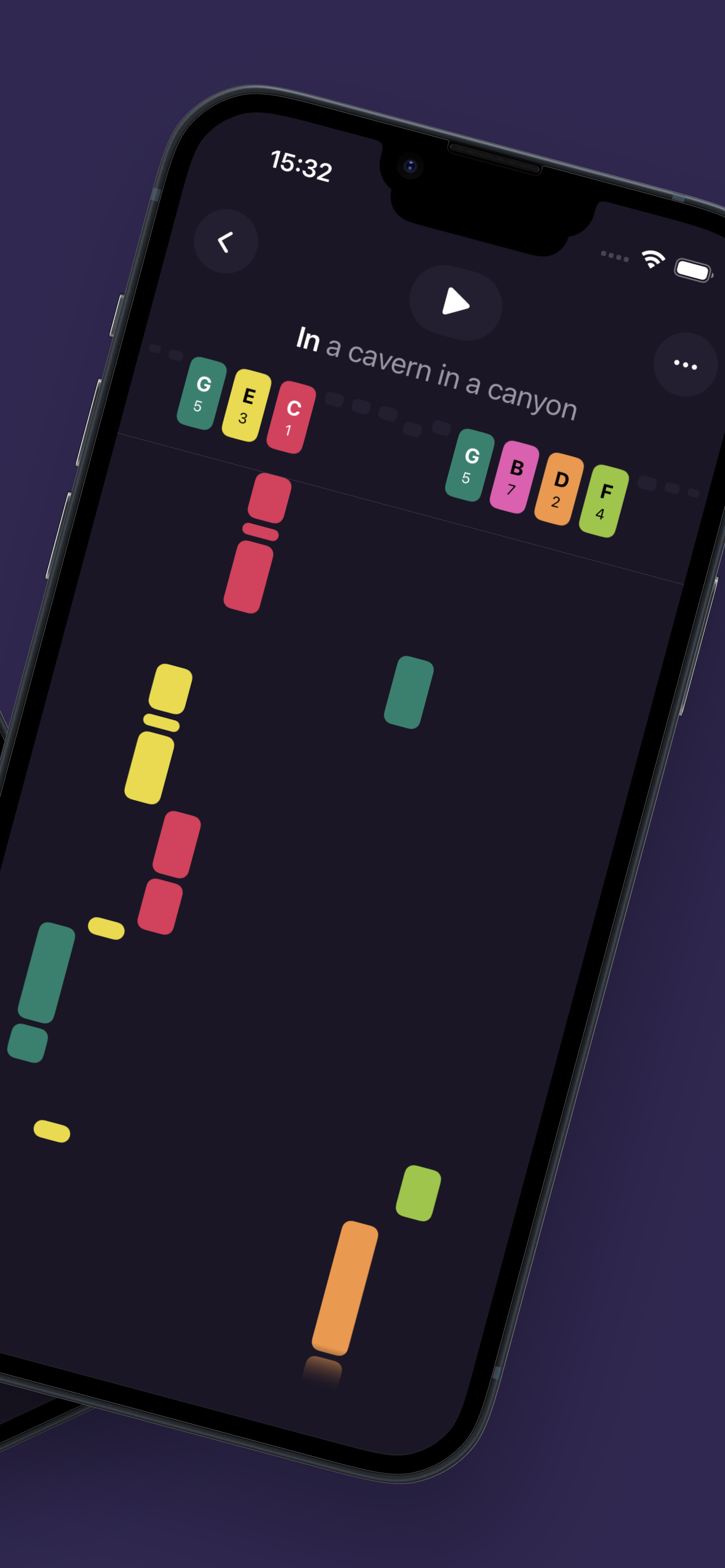 Color-coded note runway with lyrics scrolling in real time